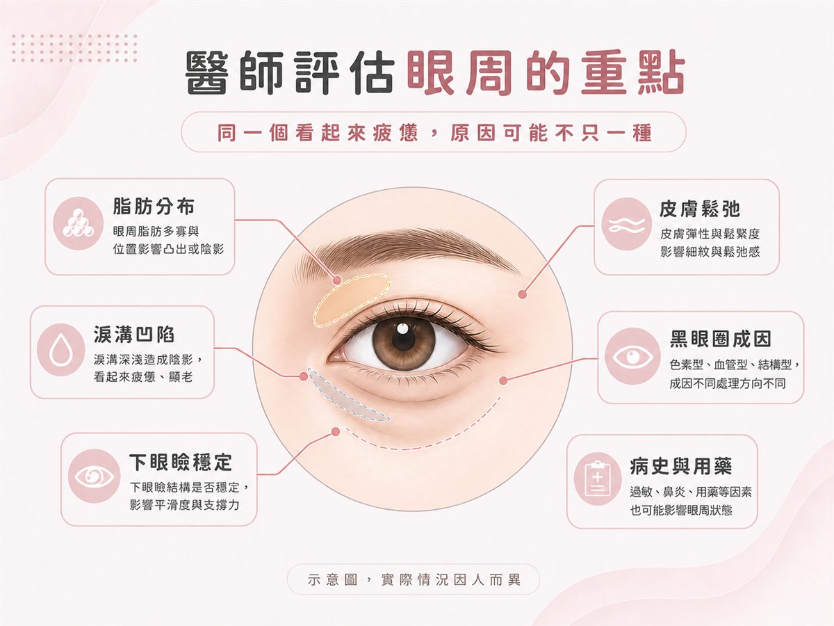 眼袋、淚溝與黑眼圈醫師評估重點示意圖