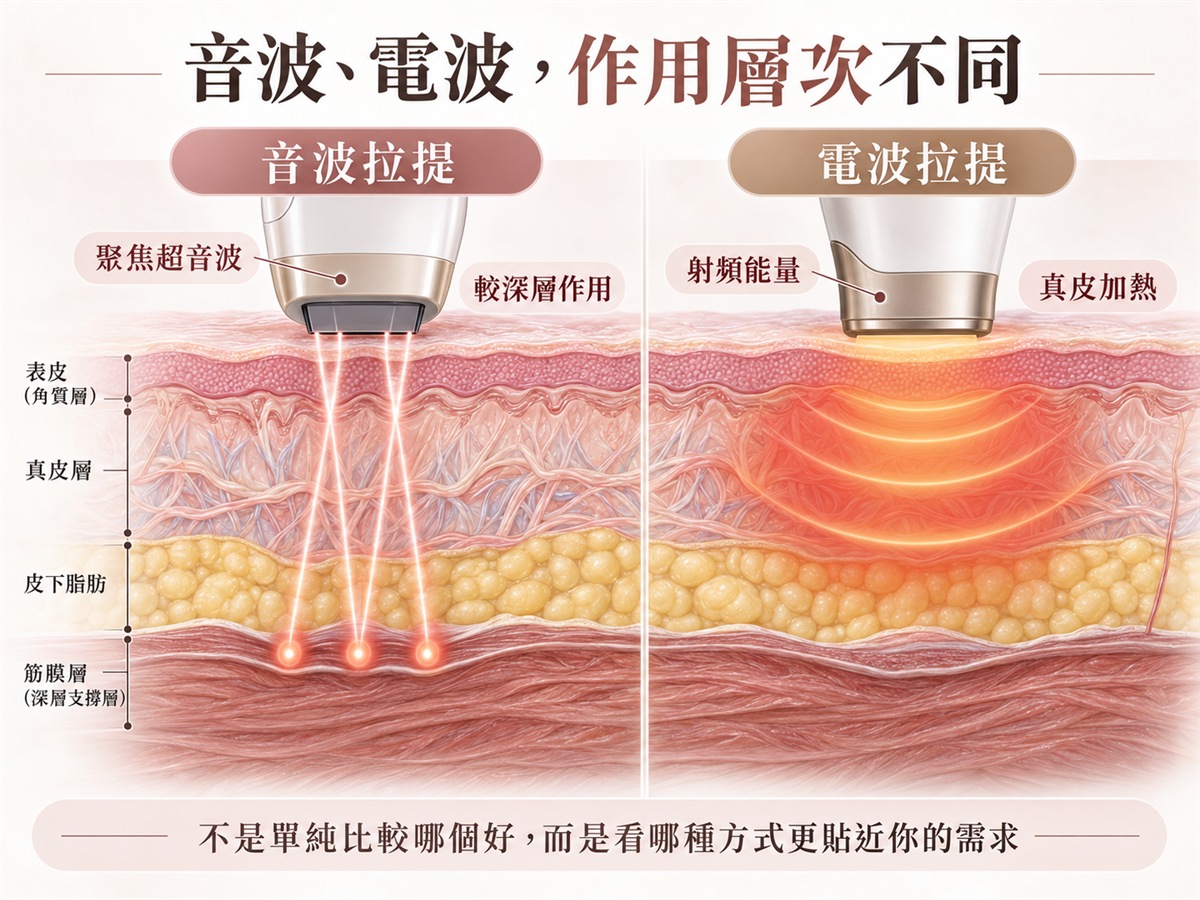 音波拉提與電波拉提作用概念比較示意圖
