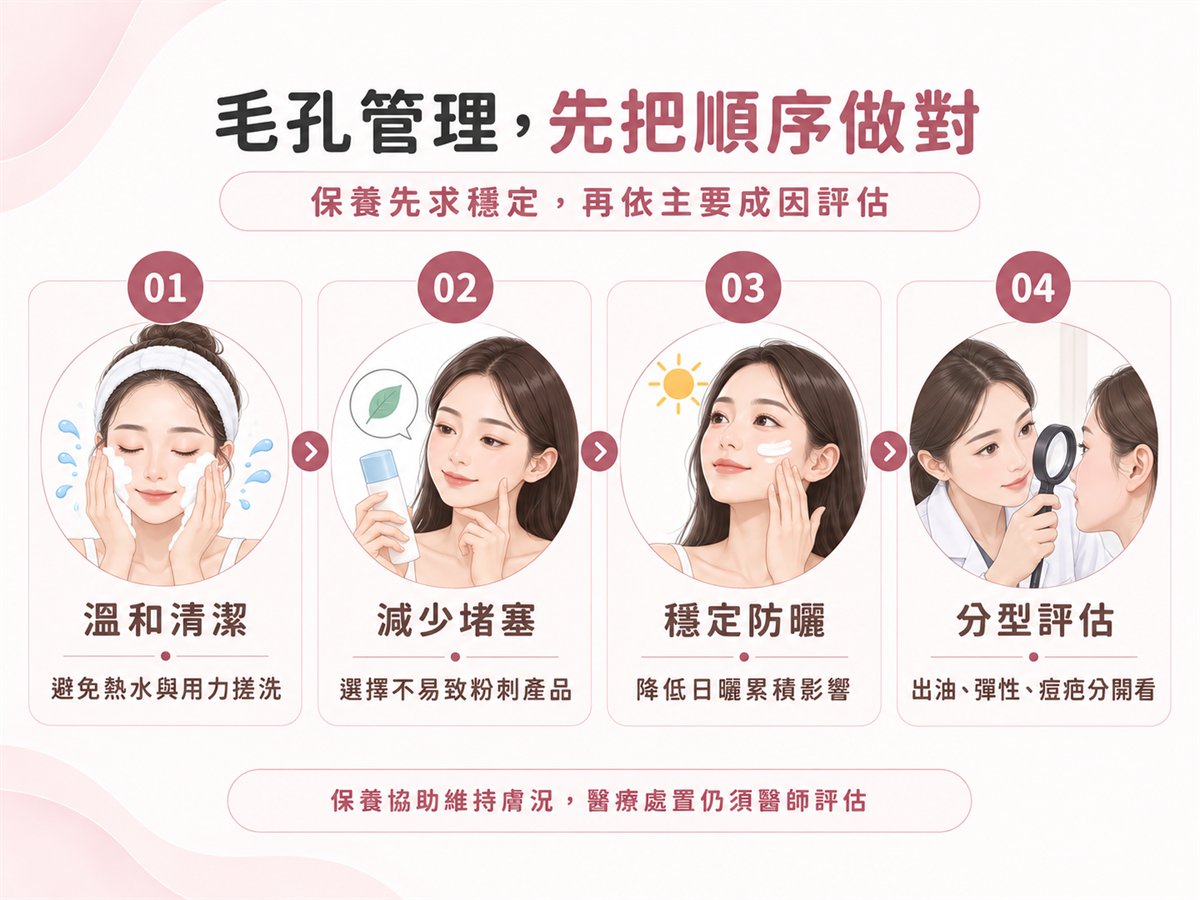 毛孔粗大日常保養與醫師評估順序示意圖