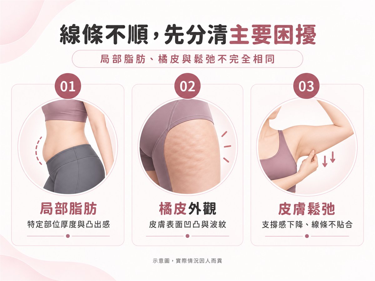 局部脂肪橘皮外觀與皮膚鬆弛三種曲線困擾示意圖