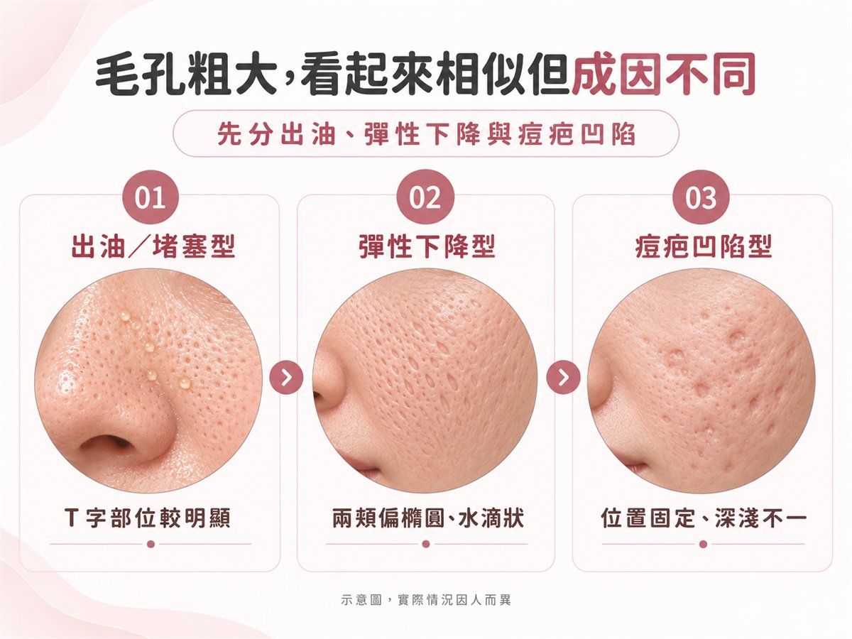 出油型老化型與痘疤凹陷三種毛孔外觀差異示意圖