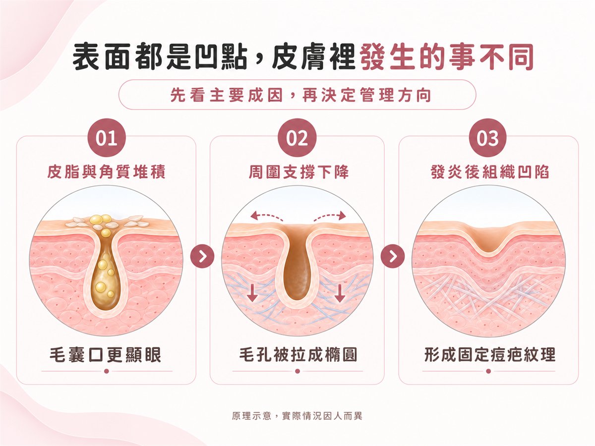 皮脂堵塞彈性下降與痘疤凹陷形成位置示意圖