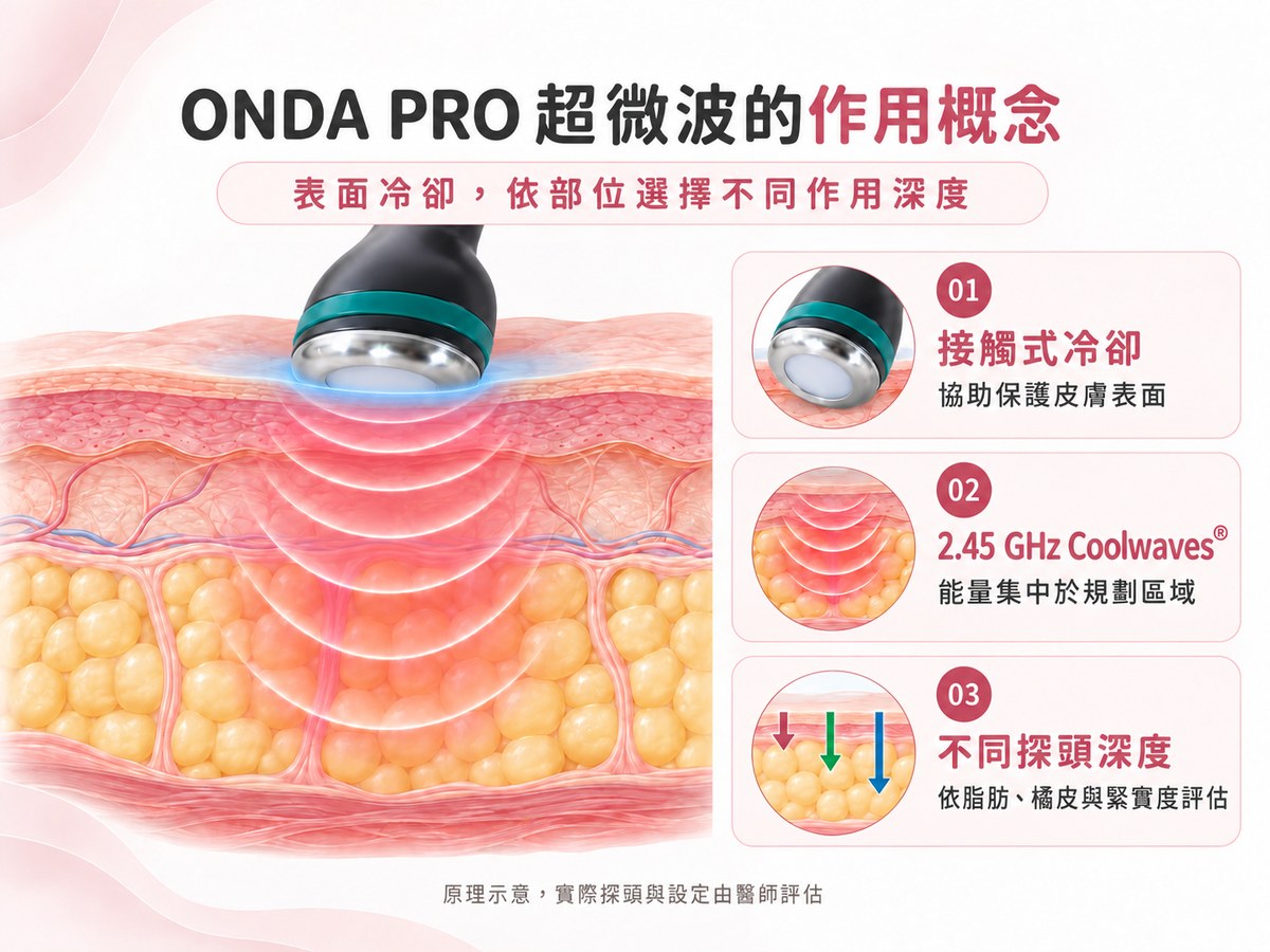 ONDA PRO 表皮冷卻與不同作用深度示意圖