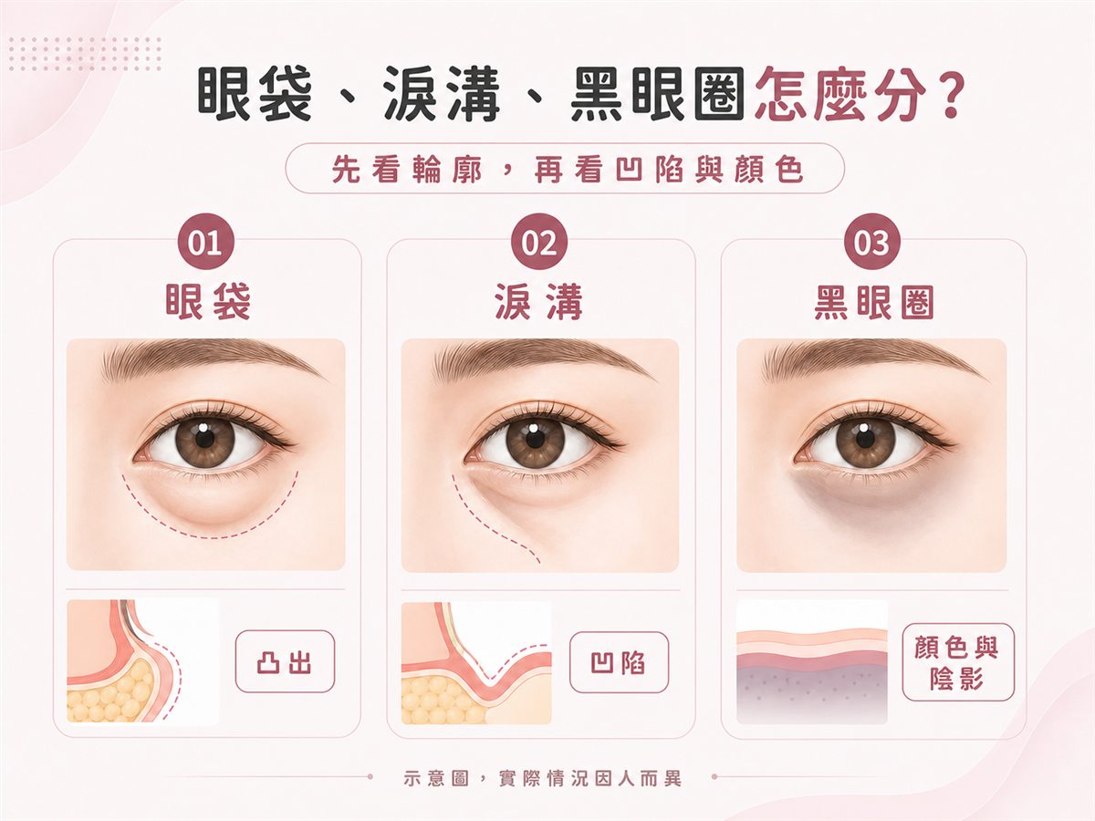 眼袋、淚溝與黑眼圈三者外觀差異示意圖